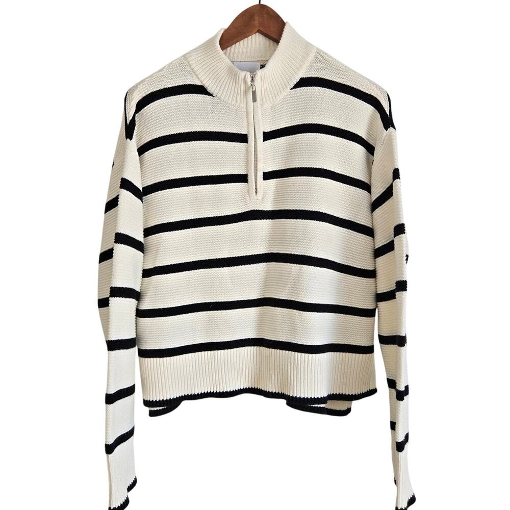 Fisherman Knit Coastal Chic Nautical Striped Half Zip Chunky Ribbed Sweater M